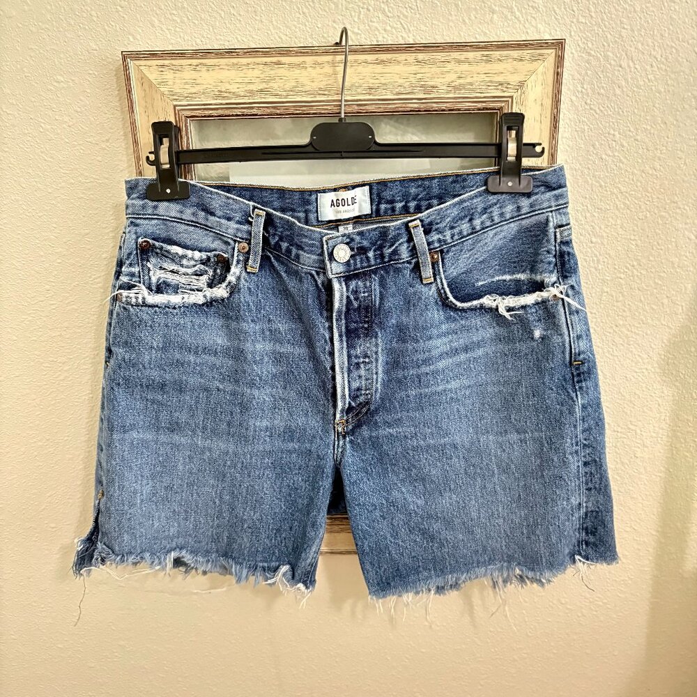 Agolde High Waist Distressed Denim Shorts in Medium Blue